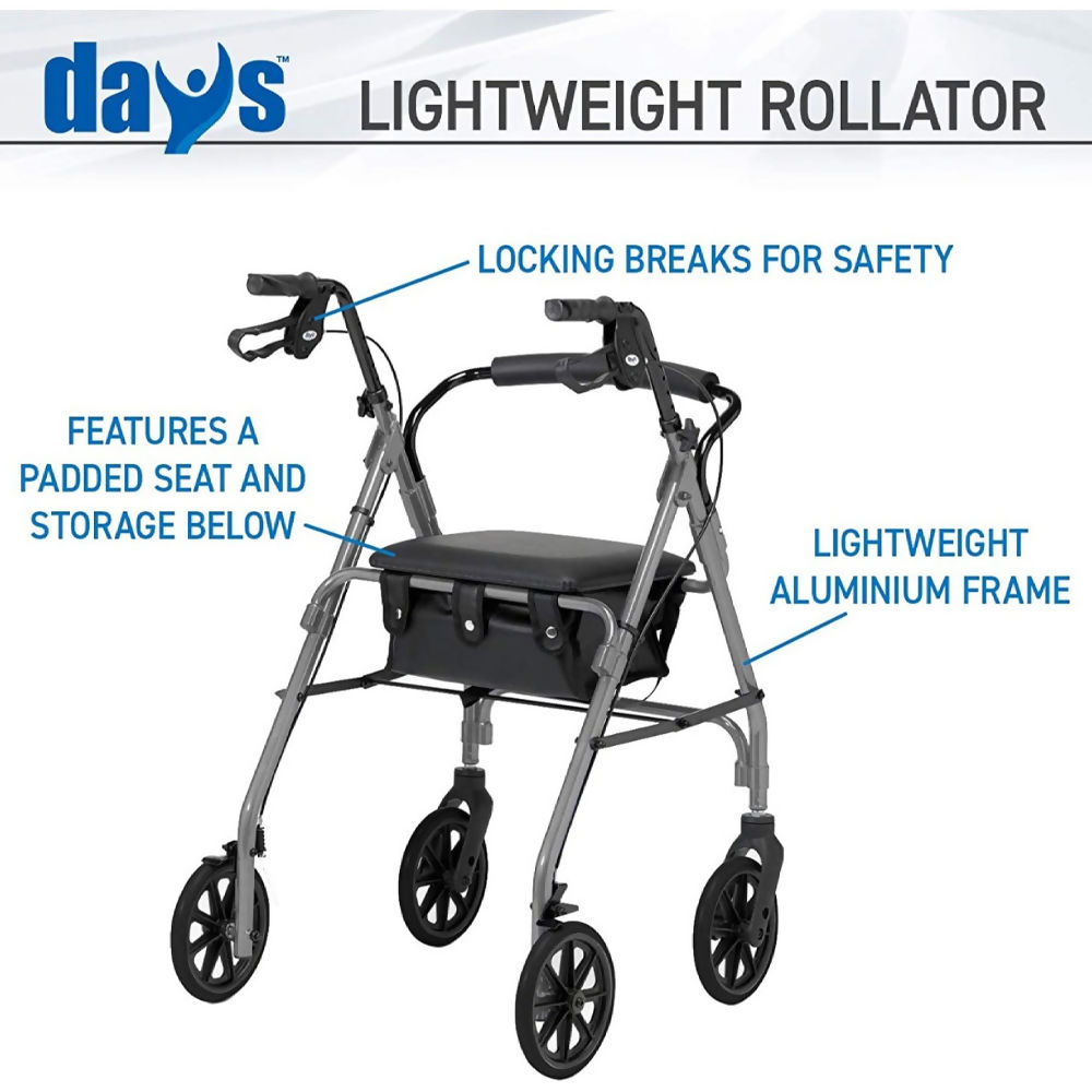 Days 100 Series Lightweight 4 Wheeled Rollator Walker Purple